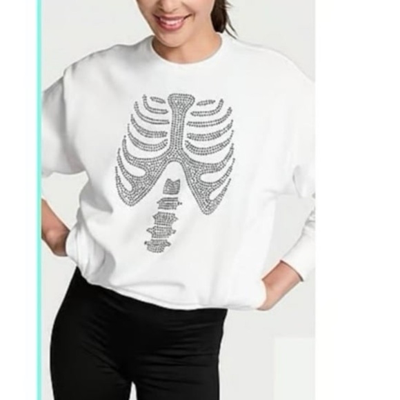 👻NWT PINK VICTORIAS SECRET FLEECE CLASSIC CREW SWEATSHIRT BLING SKELETON SIZE XL - Picture 1 of 10